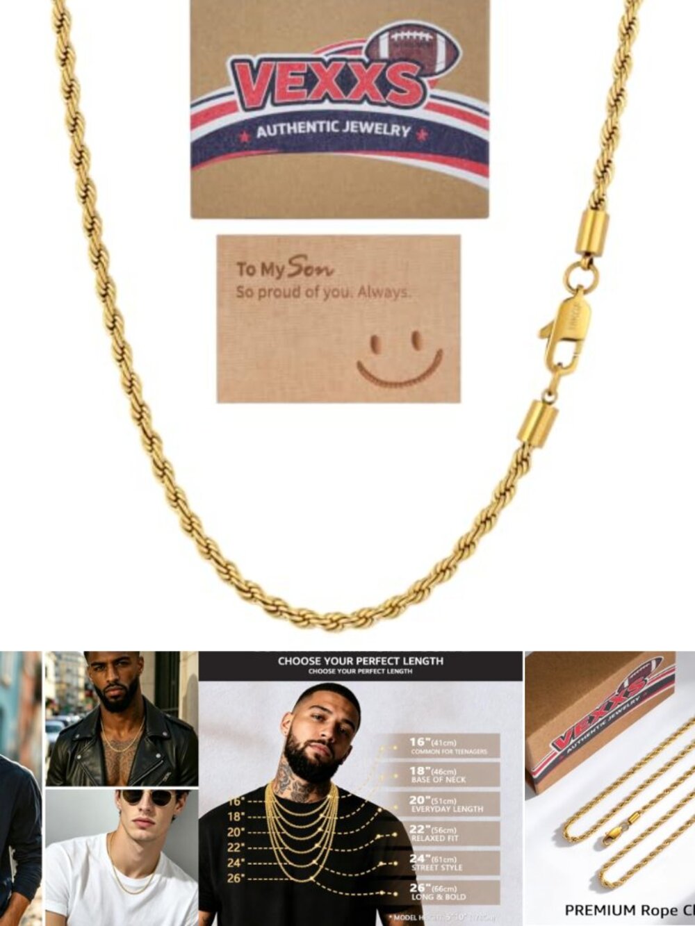 VEXXS 18K Gold Plated Stainless Steel Rope Chain Necklace 3mm 20in